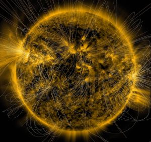 Depiction of the sun's magnetic fields over an image captured by NASA's Solar Dynamics Observatory.(Credits: NASA/SDO/AIA/LMSAL)